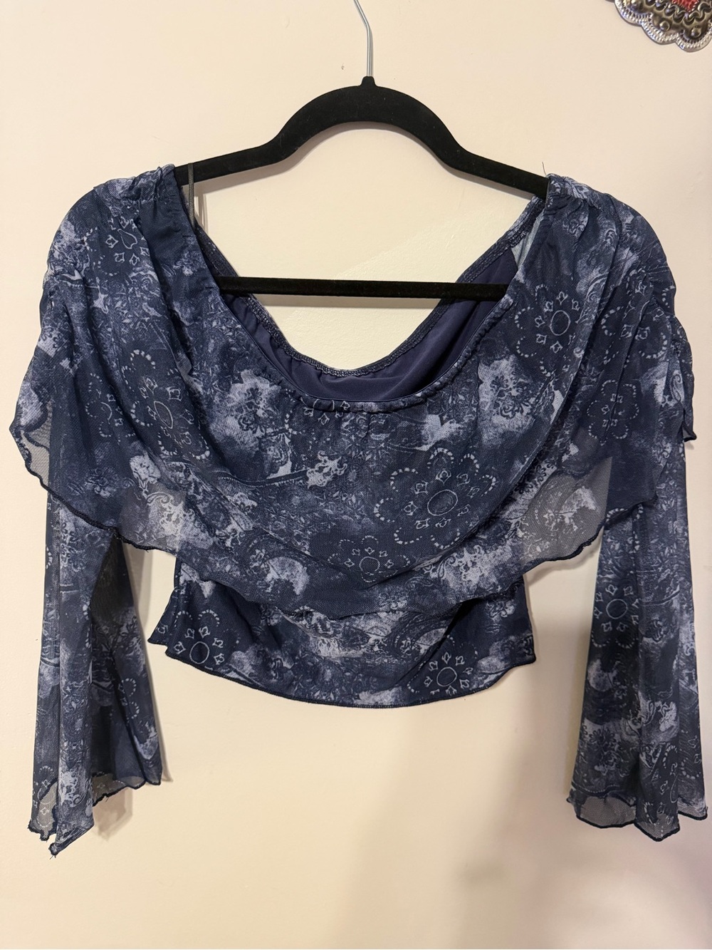 Women's Navy Blue Floral Sheer Overlay Top